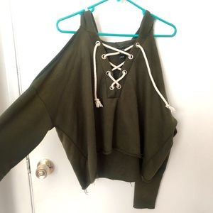 Olive Green Off the Shoulder Crop Hooded Jacket S